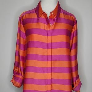 Ann Taylor Pink Orange Stripe Silky Button Down Shirt Size M/L